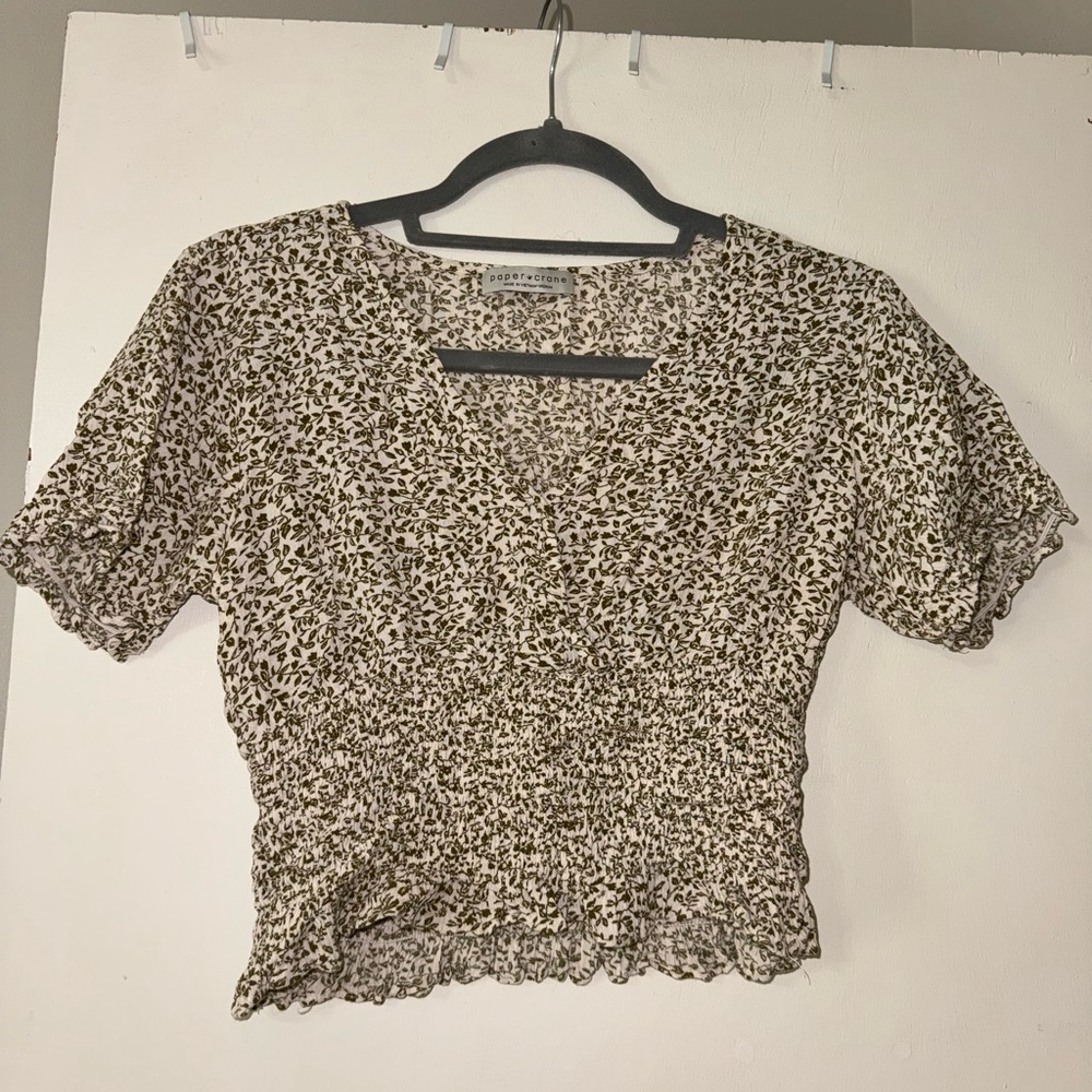 Paper Crane Leaf Print Top in Green and White